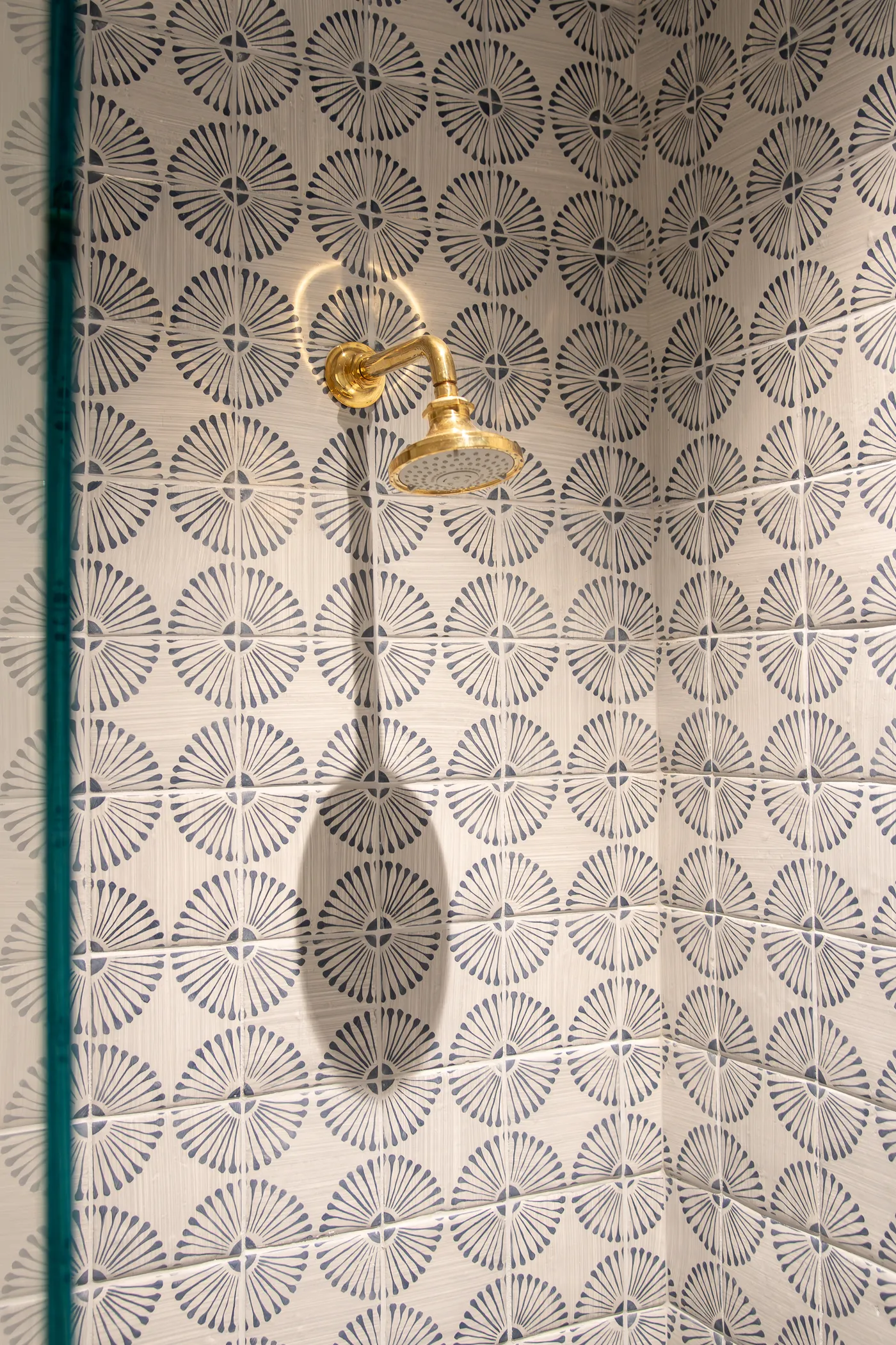 Patterned blue and white tile in a shower with a brass shower head