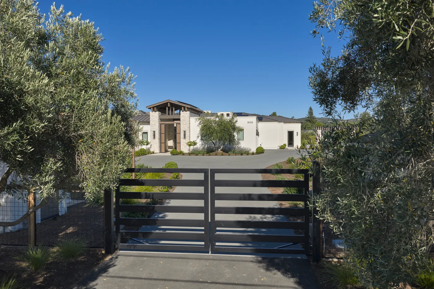 The entry gate between olive trees, with the house at the end of the drive