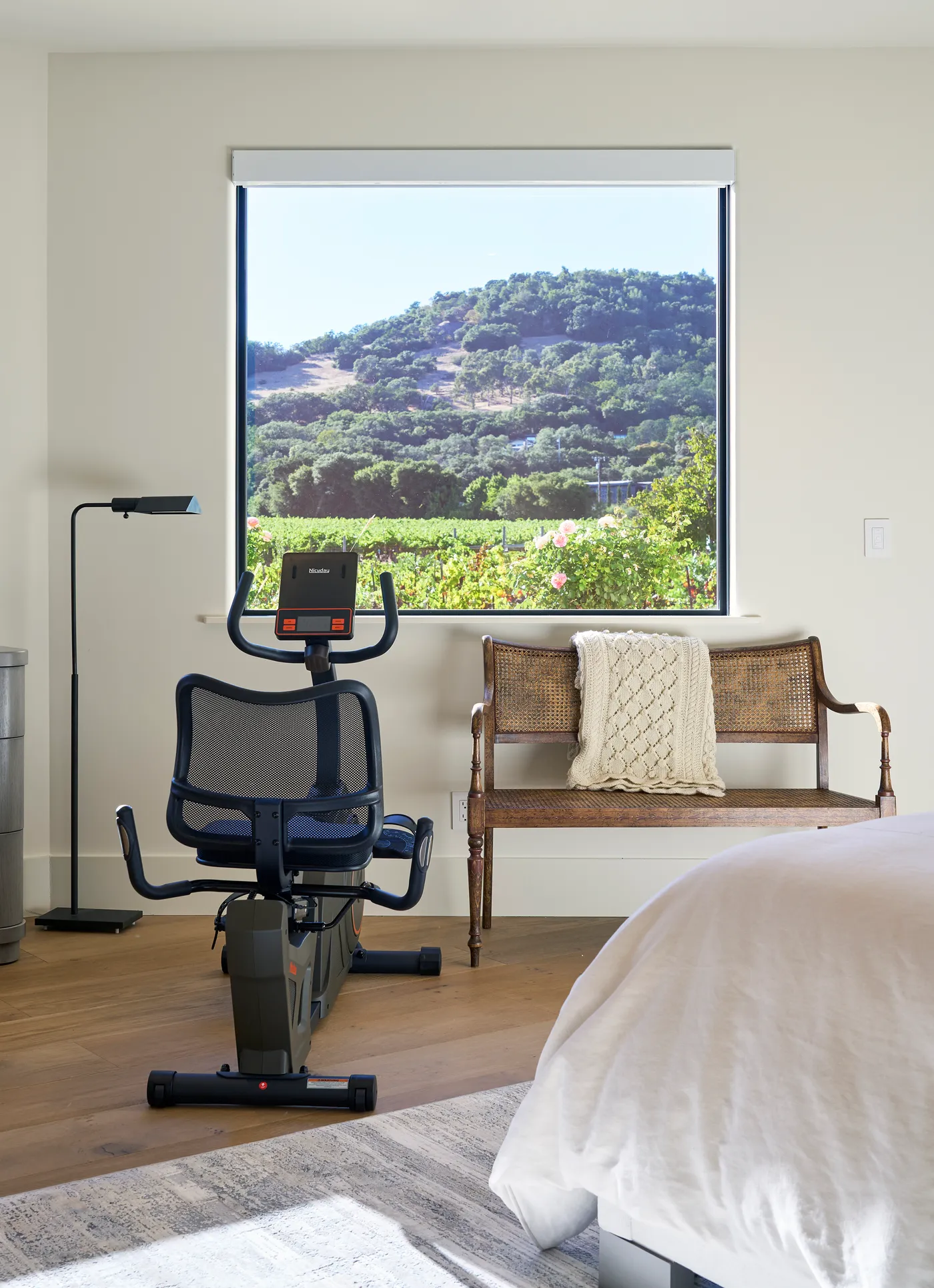 Bedroom corner with an exercise bike and a caned bench at a window onto the hillside